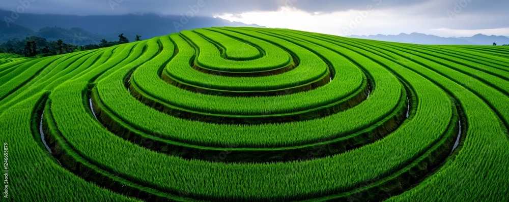 Lush green terraced rice fields display a mesmerizing spiral pattern under a cloudy sky, showcasing nature's beauty and agricultural artistry. Lush green terraced rice fields display a mesmerizing spiral pattern under a cloudy sky, showcasing nature's beauty and agricultural artistry.