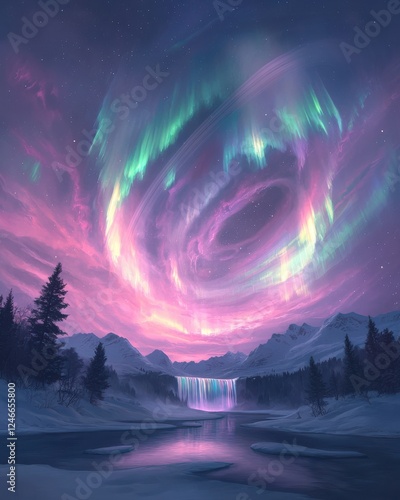 Wallpaper Mural Aurora borealis dance frozen river valley digital art winter wonderland elevated viewpoint nature's splendor Torontodigital.ca