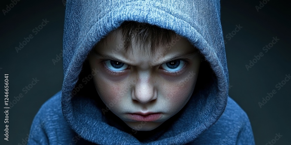 A young boy with a serious expression stares into the camera. He wears a gray hoodie, and contrasting shadows highlight his focused gaze in a dark setting A young boy with a serious expression stares into the camera. He wears a gray hoodie, and contrasting shadows highlight his focused gaze in a dark setting