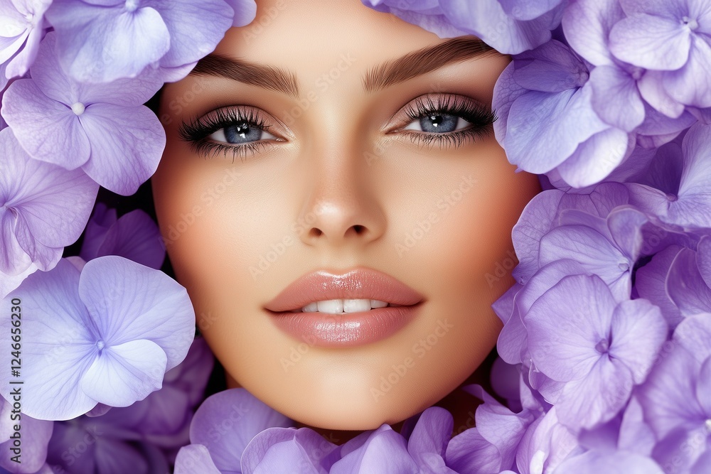 Portrait of womans' face framed by light purple flowers. An idea for a spa treatment certificate. Portrait of womans' face framed by light purple flowers. An idea for a spa treatment certificate.