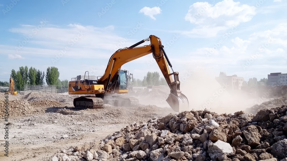 Excavator working on a construction site, moving dirt and debris under a clear blue sky Excavator working on a construction site, moving dirt and debris under a clear blue sky