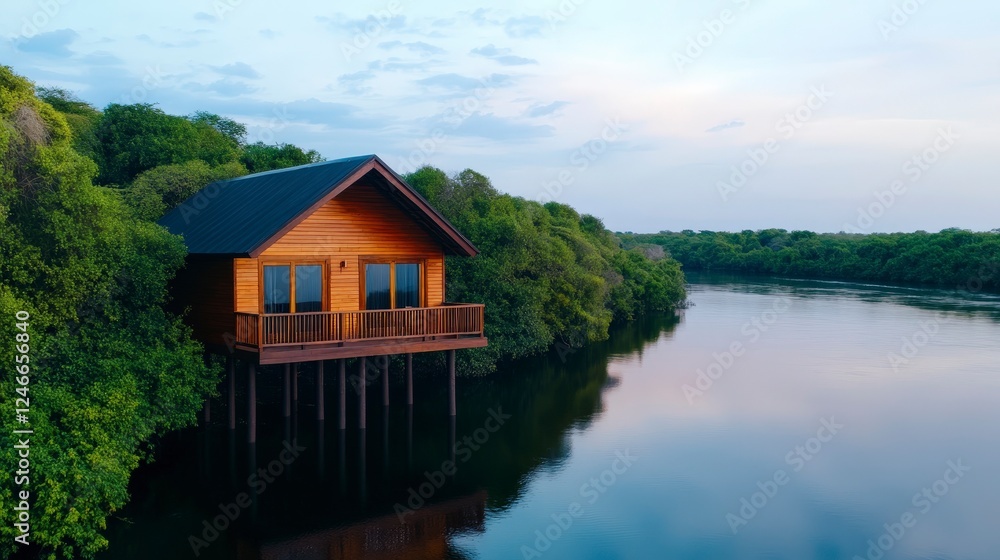 Fototapeta premium Cozy Wooden Cabin Overlooking Tranquil Water Surrounded by Lush Greenery