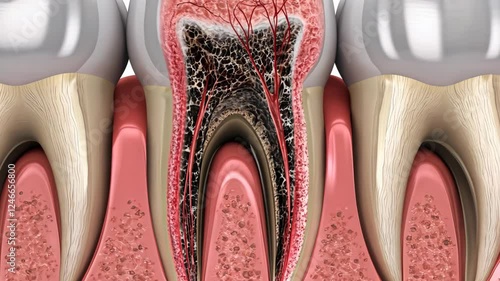 Detailed cross-section of a tooth showing decay, nerves, and underlying structure in a dental examination context