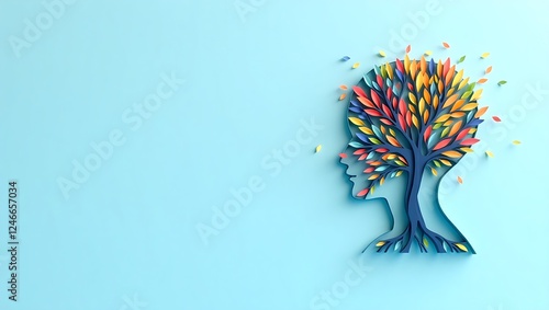 Artistic silhouette profile with vibrant multicolor tree, paper-cut layers creating depth. Symbolizes growth, imagination, and human-nature connection. Light blue backdrop, 3D effect.