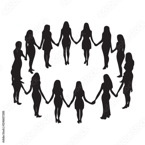 Silhouette of numerous women holding hands in a tight circle, creating a visual representation of unity, sisterhood, and support- International Women’s Day March 8