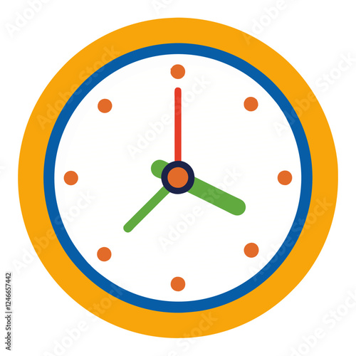 A vibrant wall clock features an orange border, colorful hour markers, and contrasting hands. This clock signifies the passage of time and adds a playful touch to any space