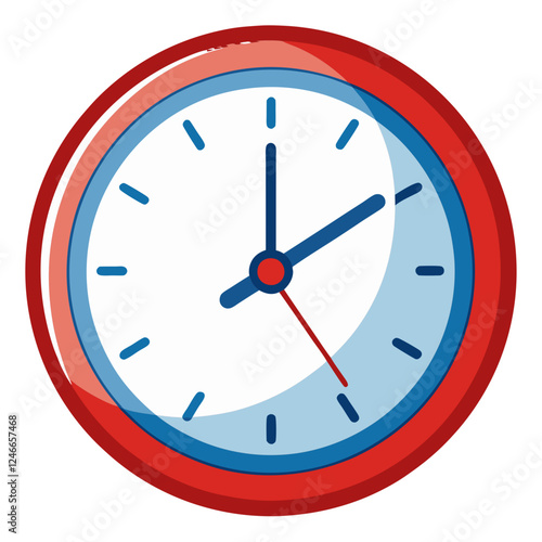 Free Download Round wall clock features a bright red frame with blue details. Contrasting colors highlight the clock's hands, indicating the passing time clearly against a white backdrop - GFXLoad