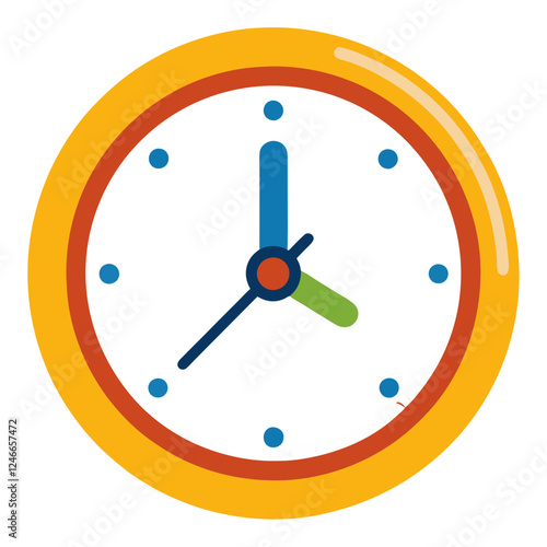 A vibrant wall clock with a round yellow frame and colorful hands hangs against a white background, perfect for adding a cheerful touch to any room's decor theme