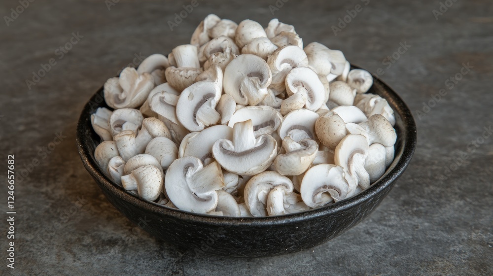 Bowl of Fresh Sliced White Mushrooms Ready for Cooking Bowl of Fresh Sliced White Mushrooms Ready for Cooking