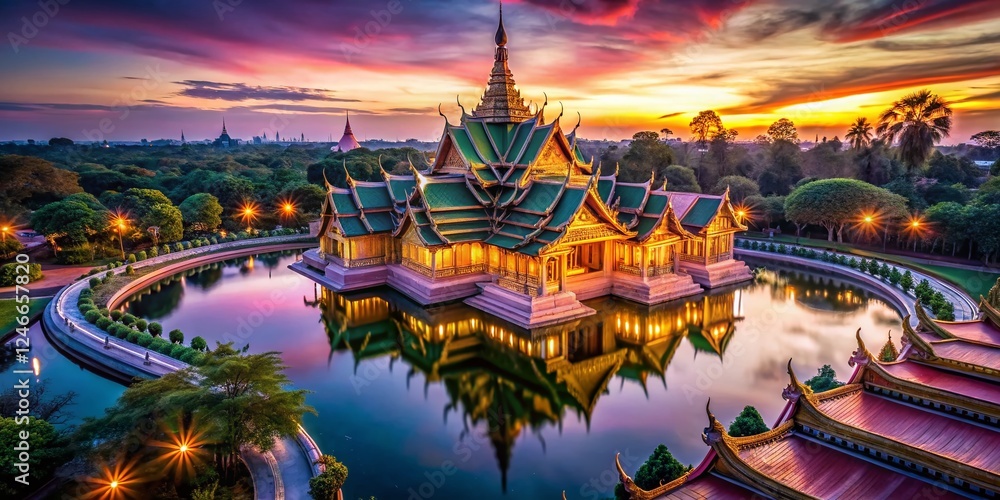 Obraz premium Ancient Thai Temple Aerial View, Muang Boran, Bangkok - Long Exposure Photography