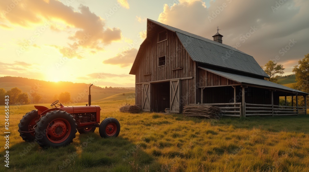 Obraz premium Rustic Barn and Weathered Tractor in Golden Hour Light Over Rolling Fields