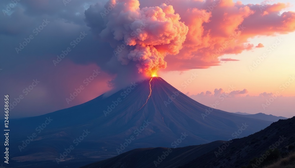 Volcanic ash clouds gather above a dormant volcano, mountain peak, landforms Volcanic ash clouds gather above a dormant volcano, mountain peak, landforms