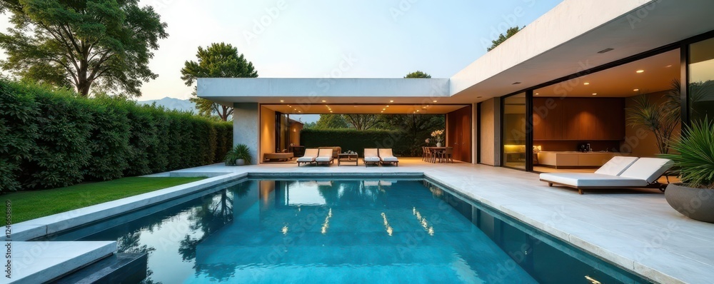 Fototapeta premium Sleek rectangular pool adjacent to minimalist house, residential, home, architecture photography