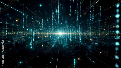 Digital Cityscape Flythrough: Futuristic Data Stream Animation Background