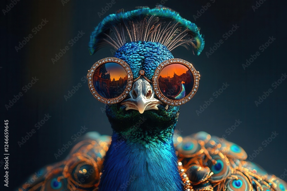 pop art portrait of a peacock with iridescent feathers styled as a fashion icon wearing sunglasses and baroque jewelry