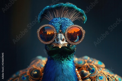 Obraz na płótnie pop art portrait of a peacock with iridescent feathers styled as a fashion icon wearing sunglasses and baroque jewelry w salonie