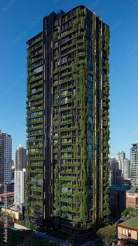 Obraz premium Sustainable urban living tower downtown architecture modern cityscape aerial view eco-friendly design