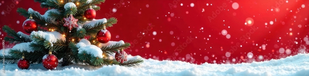 Snow-covered fir tree branches against red Christmas background, snowy landscape, red christmas, Snow-covered fir tree branches against red Christmas background, snowy landscape, red christmas,