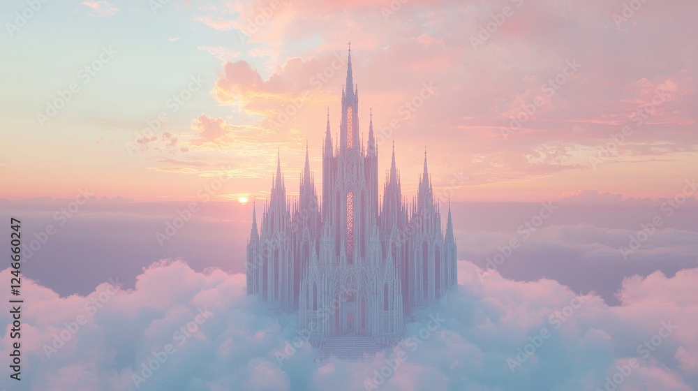 Naklejka premium Majestic castle rising above clouds at sunset fantasy landscape epic view dreamlike atmosphere