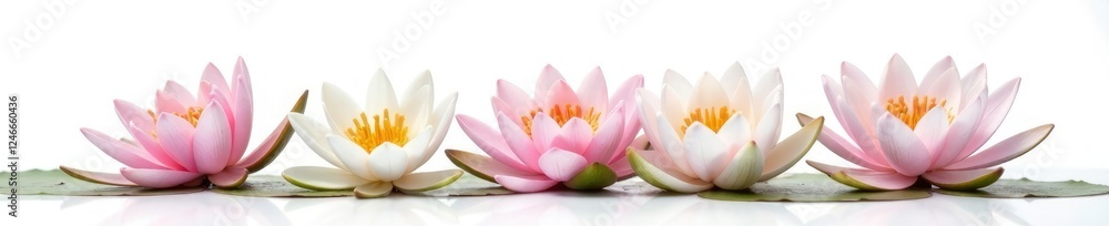 Fototapeta premium Delicate water lily flowers on a white background, elegant, aquatic, botanical
