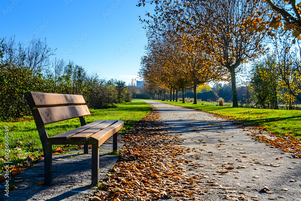 Serene Autumn Park Bench Surrounded by Fallen Leaves Serene Autumn Park Bench Surrounded by Fallen Leaves