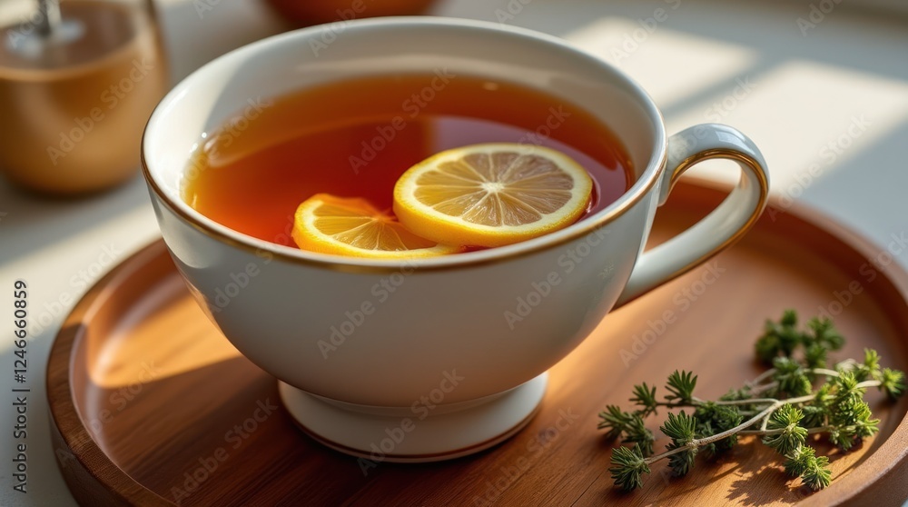 Warm Herbal Tea With Lemon and Honey on a Wooden Tray With Herbs Warm Herbal Tea With Lemon and Honey on a Wooden Tray With Herbs