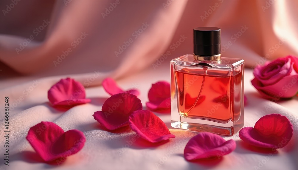 Perfume bottles and rose petals on a luxurious fabric surface, perfumery, elegance Perfume bottles and rose petals on a luxurious fabric surface, perfumery, elegance