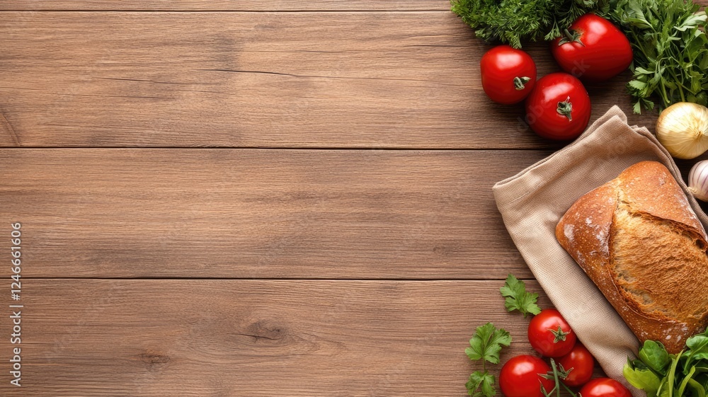 Fresh vegetables and bread on wooden table Fresh vegetables and bread on wooden table