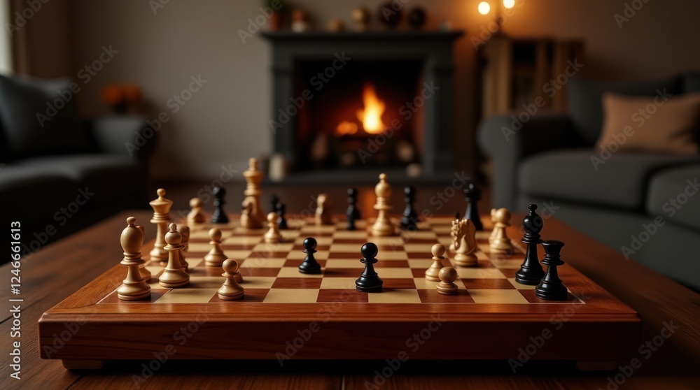 Wooden Chessboard With Scattered Pieces in a Cozy, Dimly Lit Room Wooden Chessboard With Scattered Pieces in a Cozy, Dimly Lit Room
