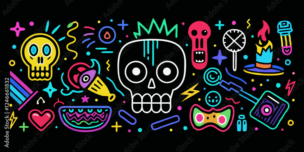 Obraz premium Hand drawn doodle element set, neon colored arrows, speech bubbles, stars, vector illustration