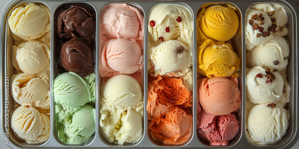 Colorful scoops ice cream. Colorful set of ice cream of different flavours and colors. Top view