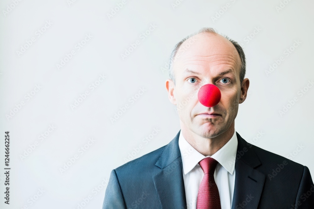 Businessman Wearing Red Clown Nose in Formal Attire - Humorous Portrait Businessman Wearing Red Clown Nose in Formal Attire - Humorous Portrait