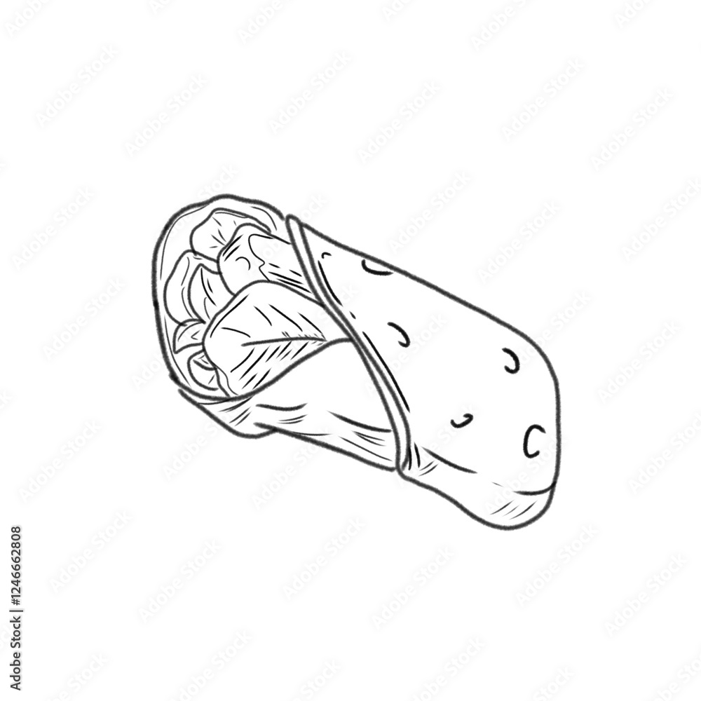 Black and White Line Art Illustration of a Wrapped Burrito Black and White Line Art Illustration of a Wrapped Burrito