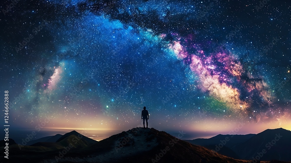 Man standing on top of mountain and looking at night starry sky Man standing on top of mountain and looking at night starry sky