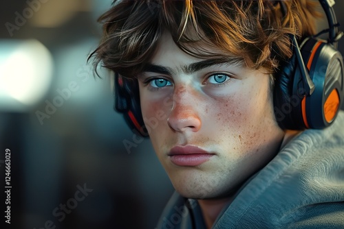 young man in sportswear and headphones trains in the gym
