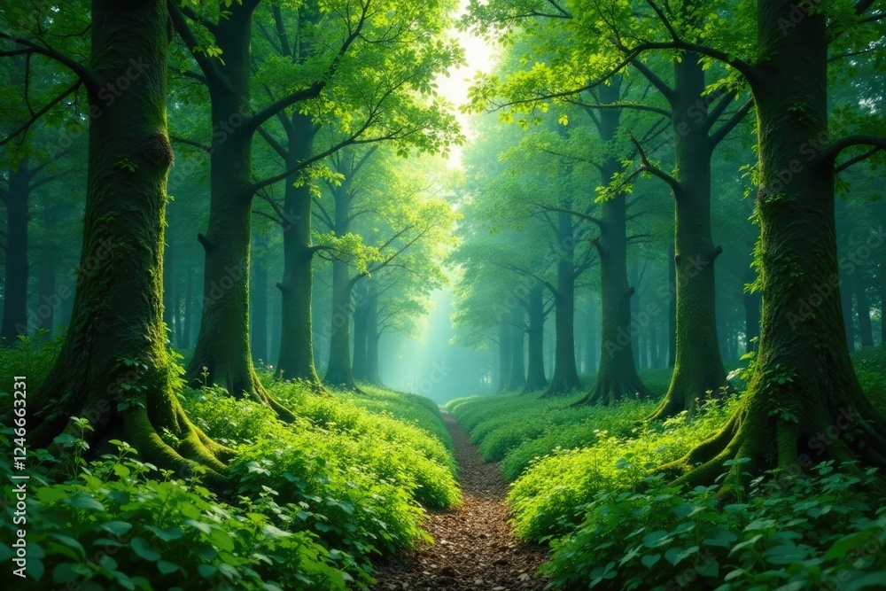 Obraz premium Verdant forest with towering trees and lush greenery, organic, forest, verdant