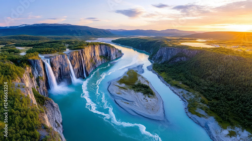 Breathtaking aerial view of dramatic fjord with waterfalls and river