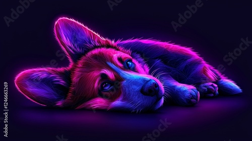 Vibrant Neon Corgi Dog Art Digital Illustration Home Decor Colorful Environment Low-Poly Style Concept photo