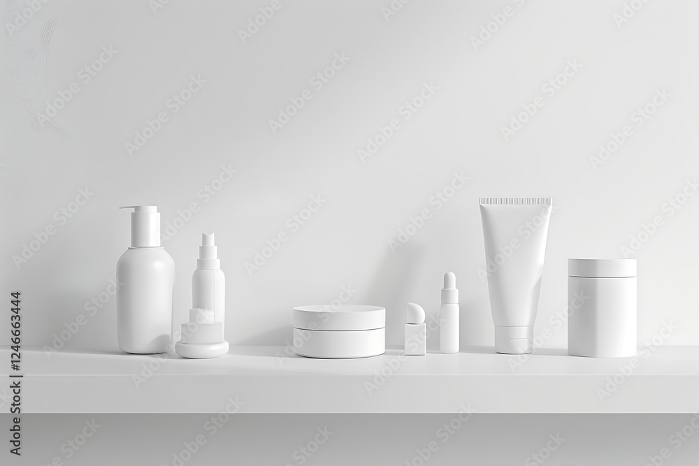 White shelf with cosmetic products. 3d render. Mock up. White shelf with cosmetic products. 3d render. Mock up.