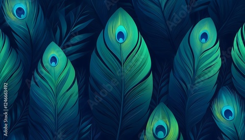 A seamless and vibrant wallpaper of neon colored peacock feathers