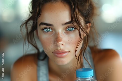 Young woman resting after gym workout holding a water bottle