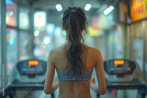 Young women is running on treadmill in gym