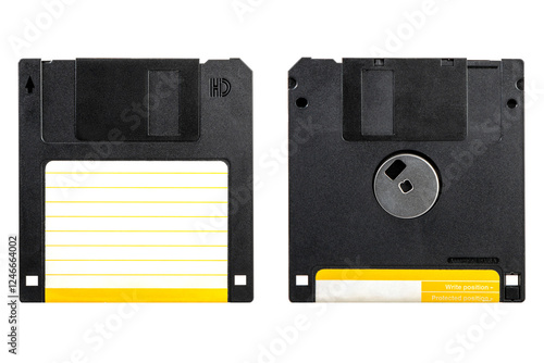 Naklejka 2HD floppy drive disc front and back view. Isolated.
