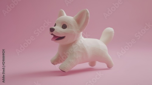 Playful Low Poly Puppy Running on Pink Background Digital Art Whimsical Animated Fun Concept photo