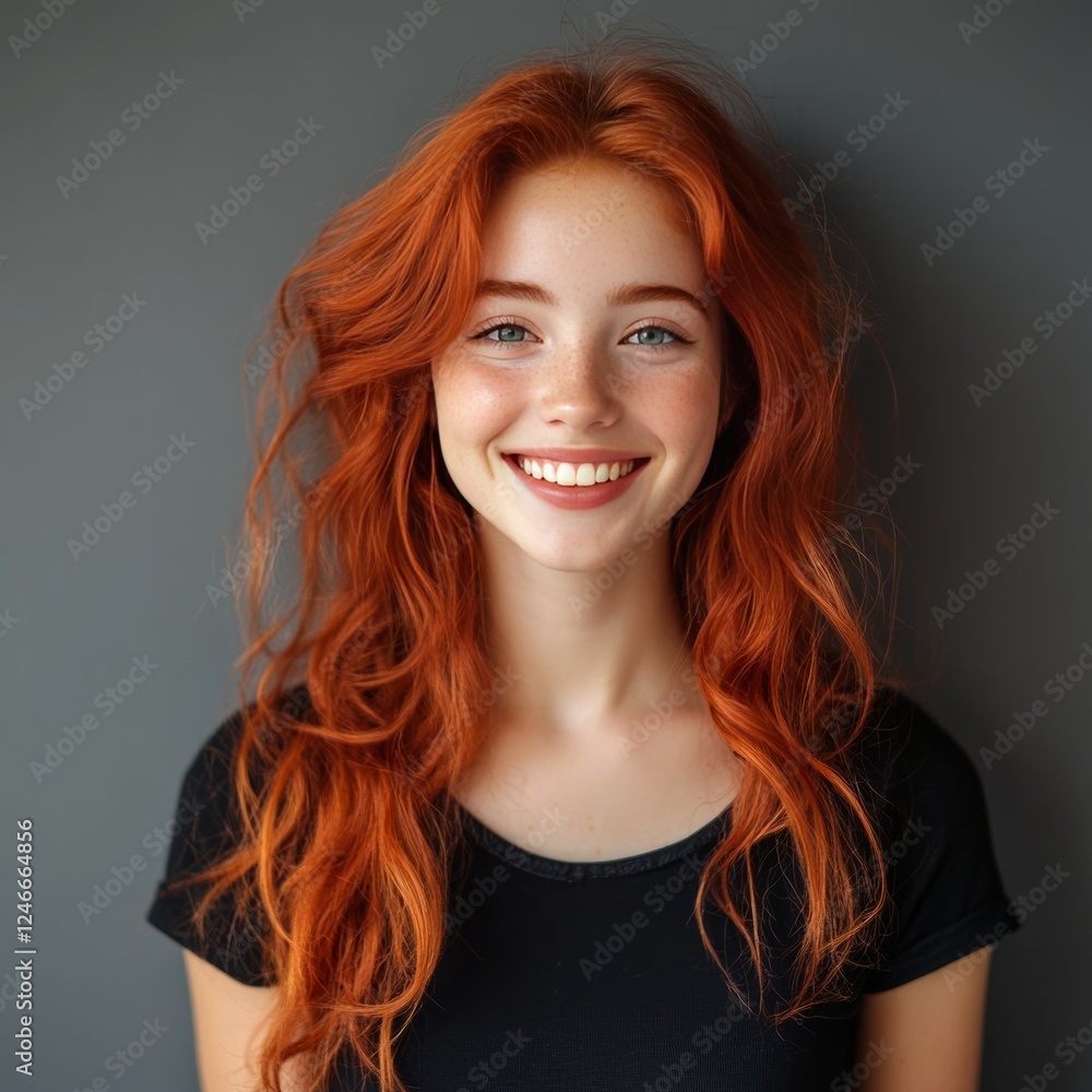 Fototapeta premium Smiling redhead on gray.