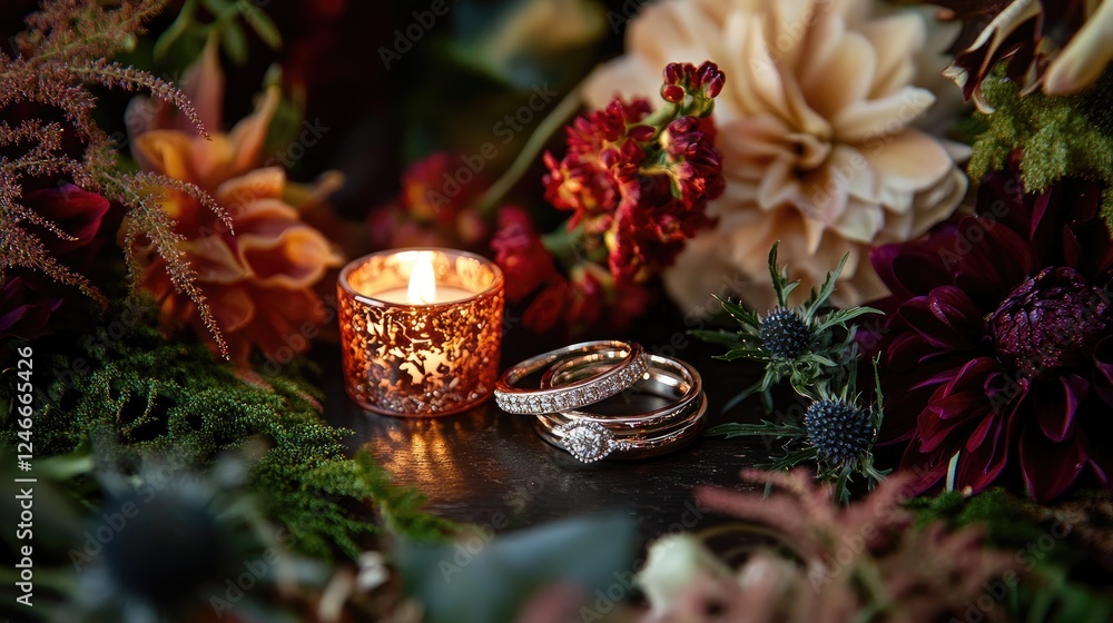 Romantic setting with wedding rings, candlelight, and vibrant floral decorations Romantic setting with wedding rings, candlelight, and vibrant floral decorations