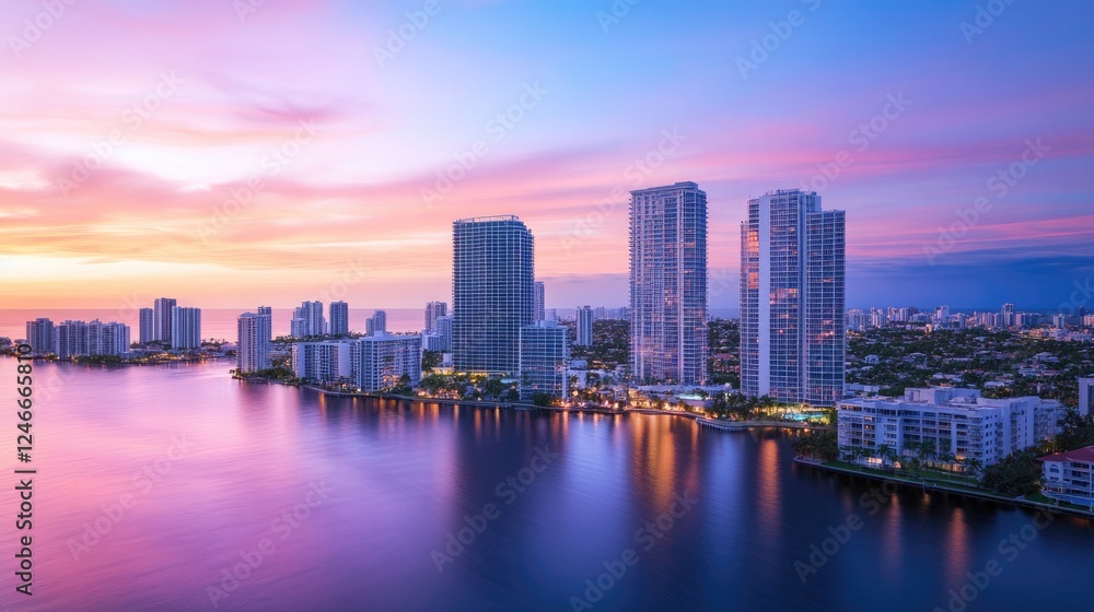 Fototapeta premium Scenic twilight city view with stylish apartments and serene waters, perfect for urban lifestyle visuals