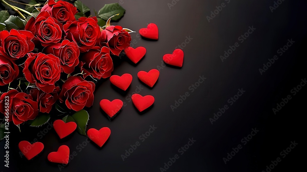 Romantic Arrangement of Red Roses and Heart-Shaped Decorations