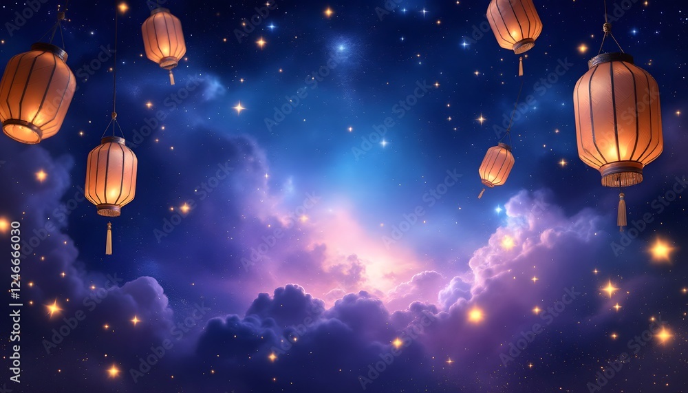 Naklejka premium Magical Night Sky Lanterns Fantasy Art Wallpaper