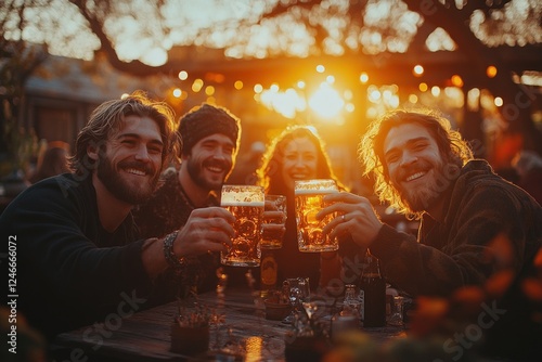 Happy multiethnic friends toasting beer outside at brewery bar restaurant in vibrant golden hour photo